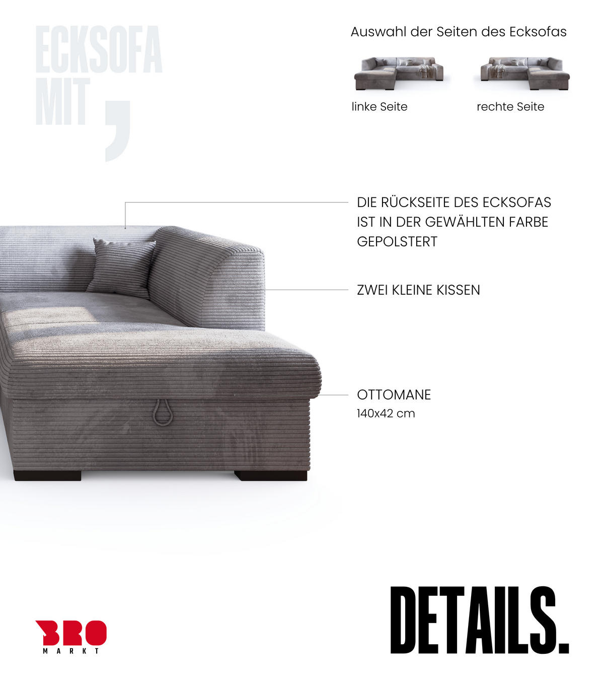 ECKSOFA mit Schlaffunktion Cordstoff MILENZO Hellgrau Rechts - Hellgrau, Holz (260/175cm) - Bromarkt
