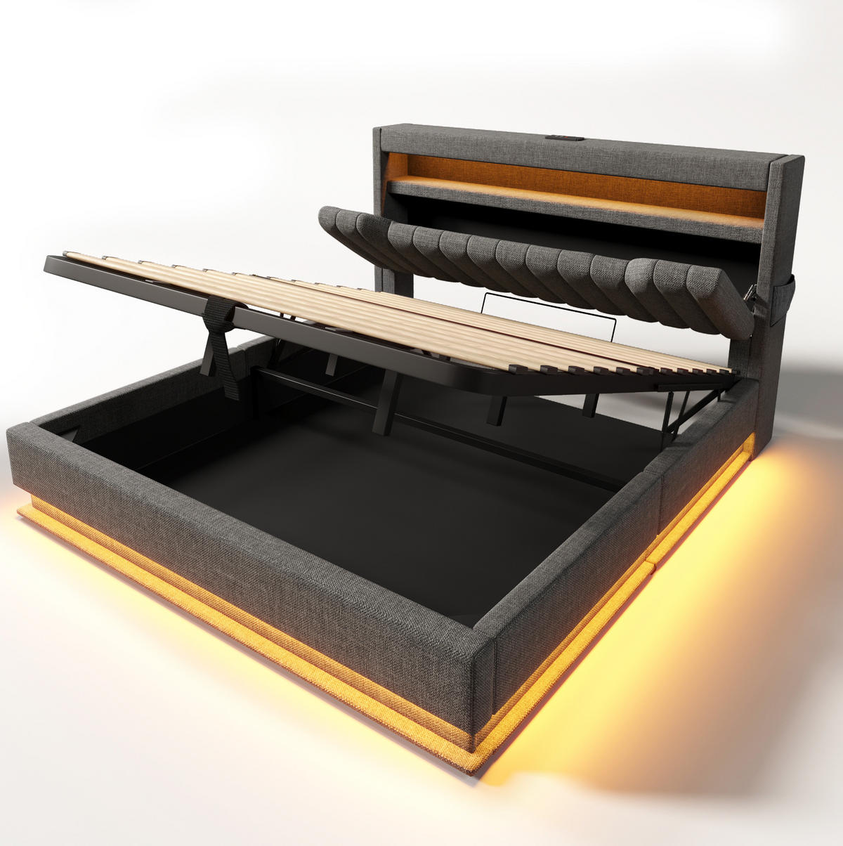POLSTERBETT 180/200 cm mit LED, USB-C, Stauraum-Kopfteil und hydraulischem Bettkasten, Leinen, Grau - Grau, Textil (180/200cm) - Redom