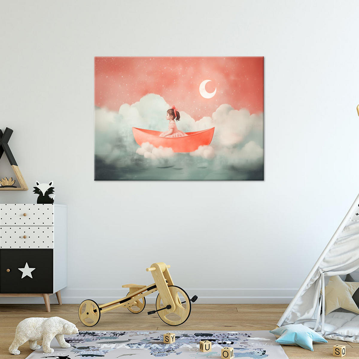 WANDBILD für kinderzimmer ein mädchen in einem boot in den wolken - Pink, Textil (60/40cm) - Feeby