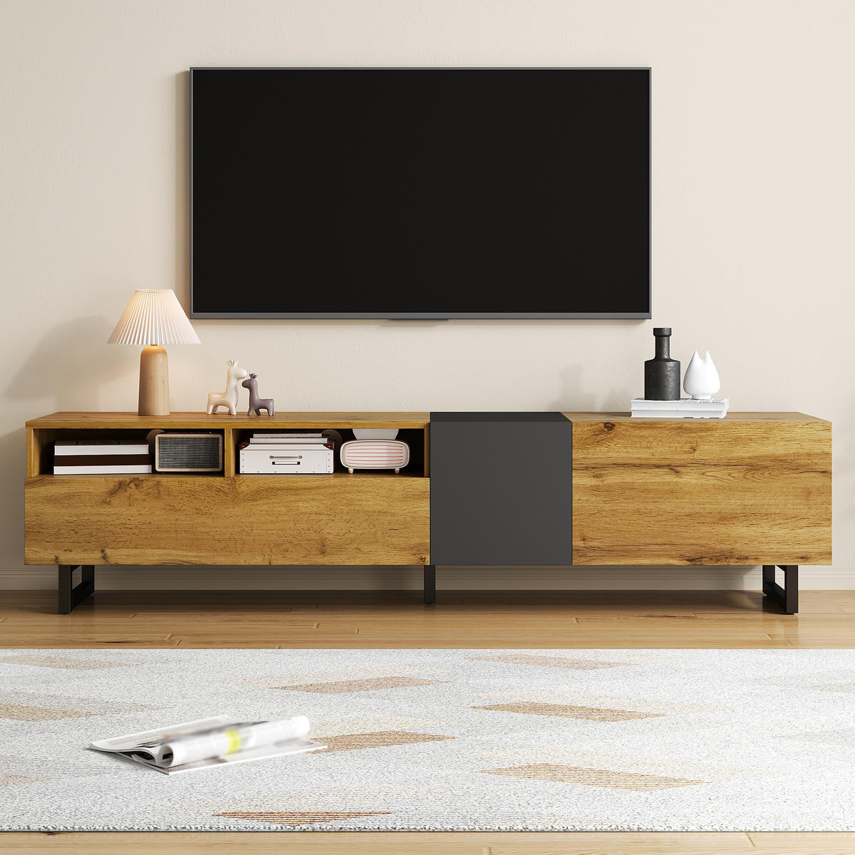 TV-SCHRANK 170/42/36,5 cm Holz/Grau mit 3 Türen und 2 Fächern - Dunkelgrau, Holzwerkstoff/Metall (170/42/36.5cm) - Oxeza