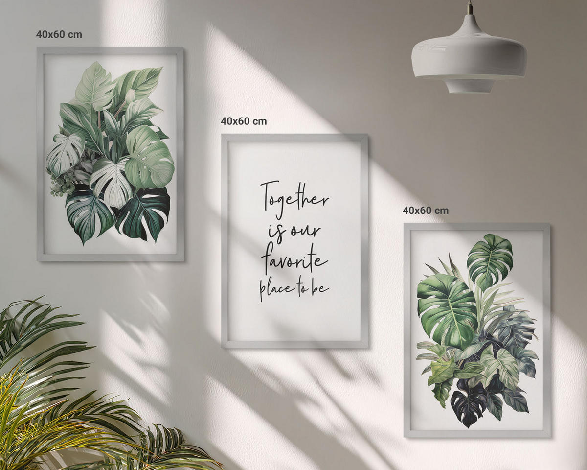 WANDBILDER 3er Set - 40x60 cm Silberner Rahmen - Grüne Blätter tropischer Pflanzen - Silberfarben, Kunststoff (40/60cm) - ArtPrintCave