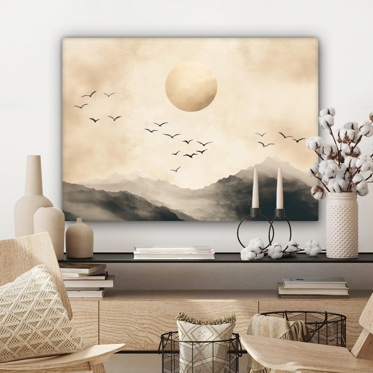 LEINWANDBILD Landschaft - Japandi - Vogel Wandbilder 80x60 cm - Beige, Textil (80/60cm) - MuchoWow