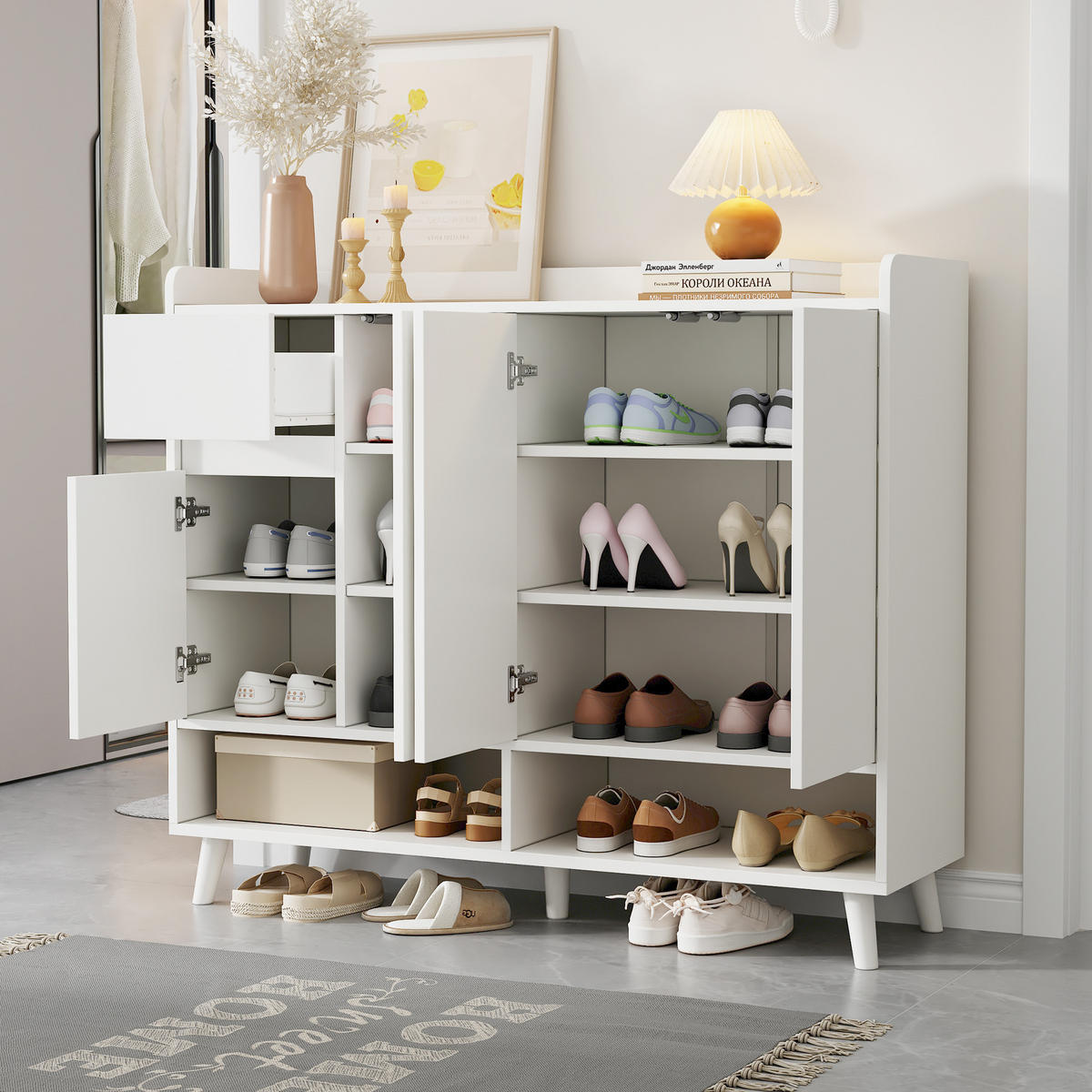 SIDEBOARD in Weiß Schuhschrank mit 4 Türen und 1 Schubladen für Esszimmer, Wohnzimmer oder Küche, B120/T35/H99cm - Weiß, Holzwerkstoff/Metall (120/99/35cm) - STILVORA