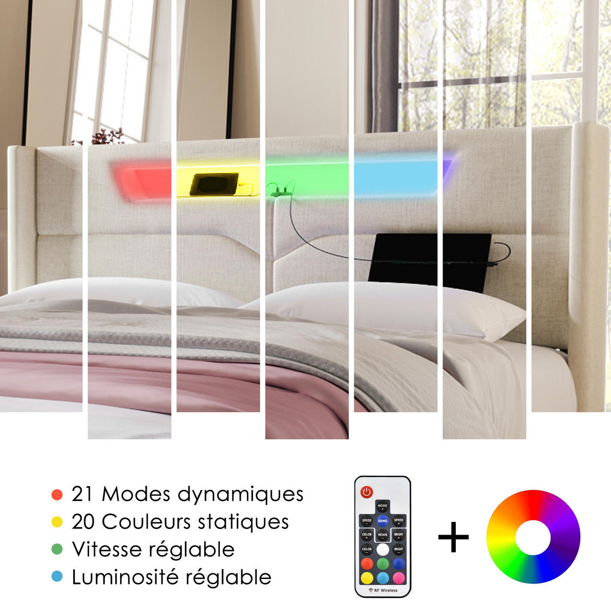 POLSTERBETT 140/200 cm Beige aus Leinen mit LED, USB und Stauraum - Beige, Textil (140/200cm) - OKMYHOME
