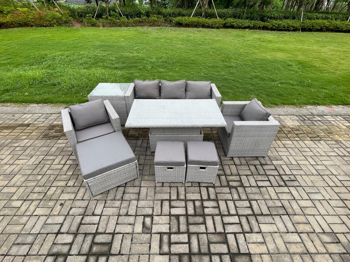 GARTENMÖBEL SET Polyrattan Helles Grau 8-Sitzer - Hellgrau, Metall - Fimous