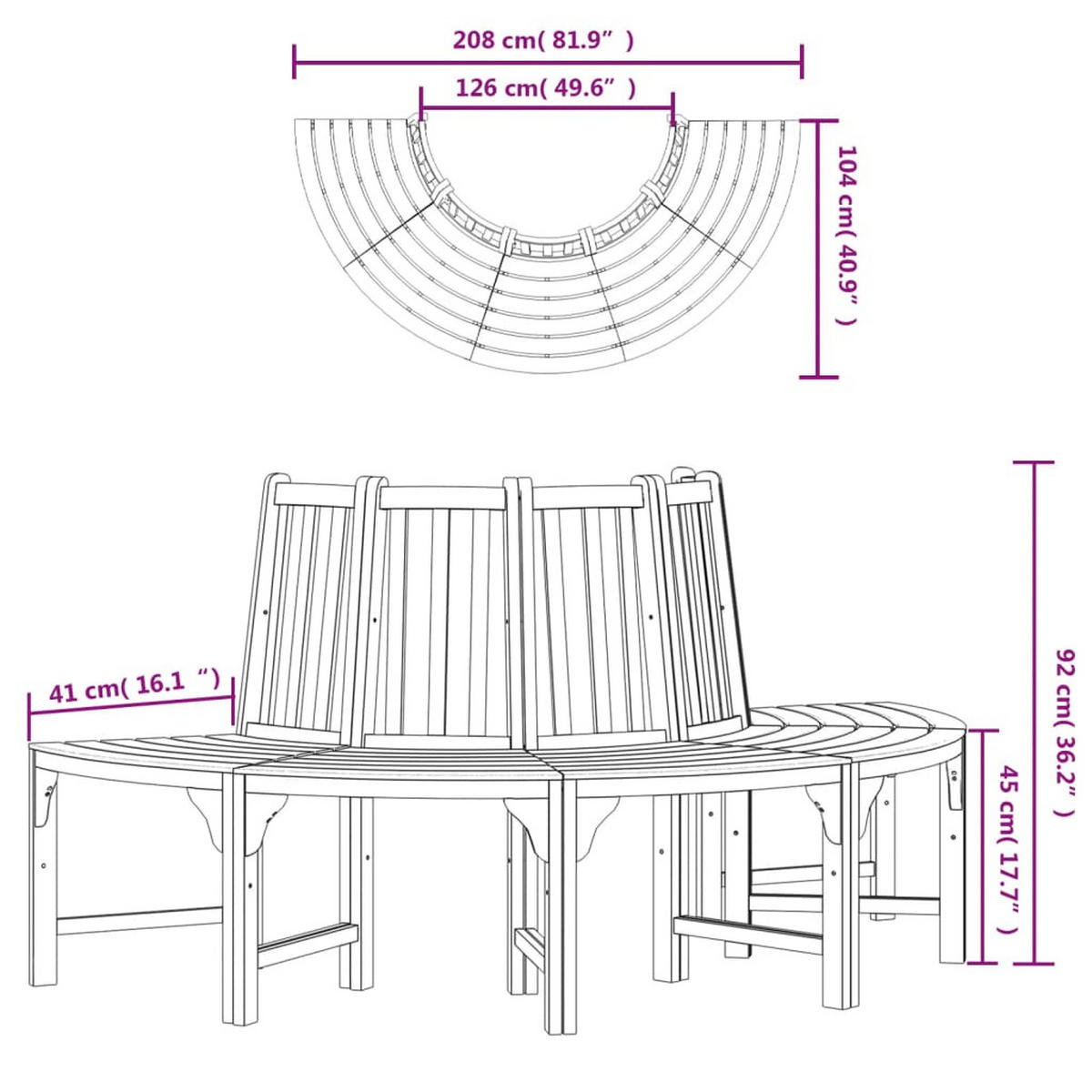 BAUMBANK Halbrund Ø208 Cm Massivholz Eukalyptus - Braun, Holz (208/92/104cm) - vidaXL