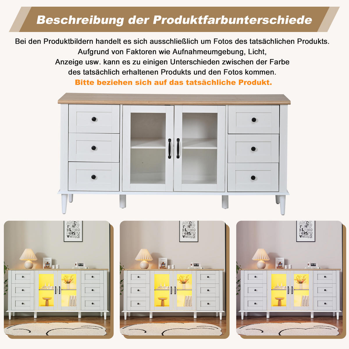 KOMODA 150/40/75 cm biela a v dekore dreva z MDF s LED osvetlením, 6 zásuvkami a akrylovými dvierkami - biela, kompozitné drevo (150/75/40cm) - OKWISH