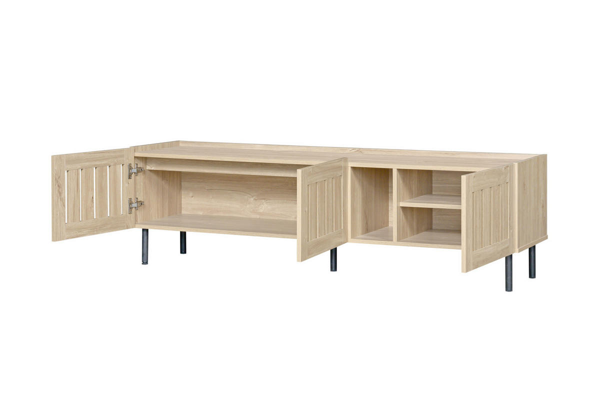 TV stolek 160/40/47 cm s průchozími lamelovými dvířky a kabelovým průchodem, přírodní - světle hnědá, kompozitní dřevo (160/47/40cm) - Redom