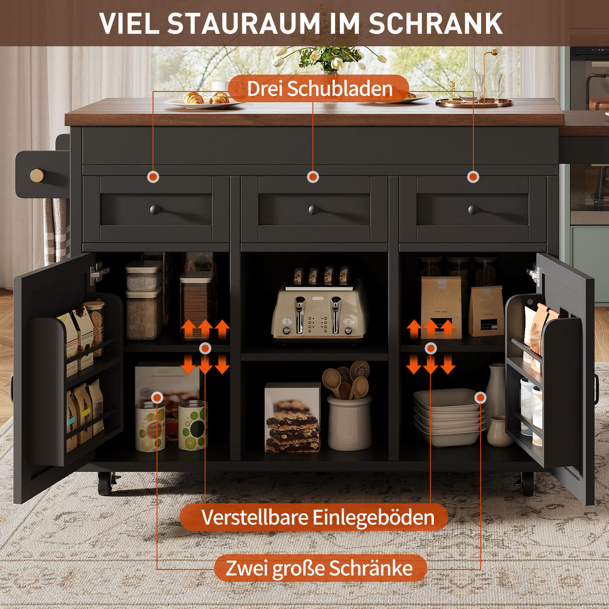 KÜCHENINSEL 120/40/92 cm Schwarz mit 3 Schubladen, Stauraum und Schränken - Schwarz, Holz/Holzwerkstoff (112.5/92/45cm) - Oxeza