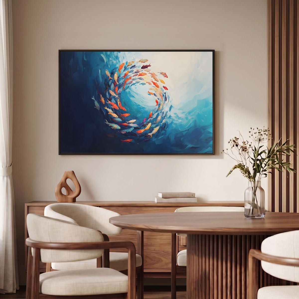 LEINWAND Bilder mit Rahmen - Meer - Fische - Bunt - Dynamisch - 90x60 - Hellblau, Textil (90/60cm) - MuchoWow