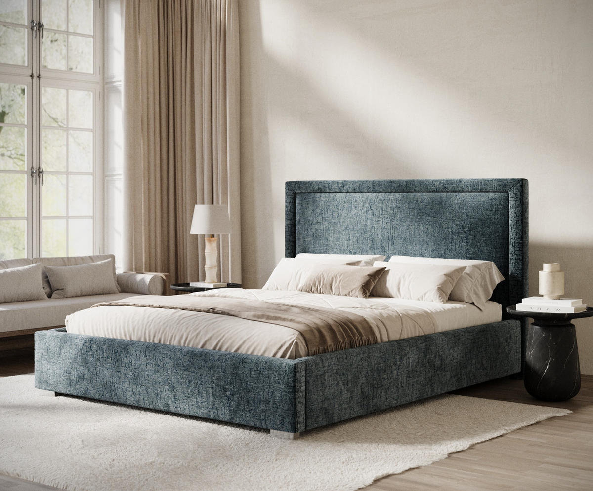POLSTERBETT Ordina Blau 160/200 cm im Chenille-Stoff - Blau/Silberfarben, Holz/Holzwerkstoff (160/200cm) - Maison de Reve