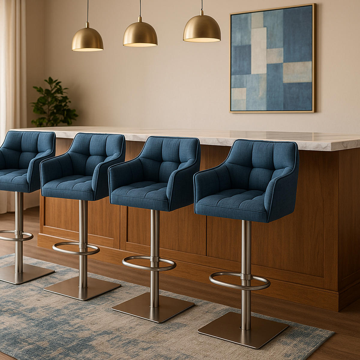 BARHOCKER 2er Set Damaskus Stoff edelstahl blau - Blau/Edelstahlfarben, Textil/Metall (64/110/48cm) - TPFLiving