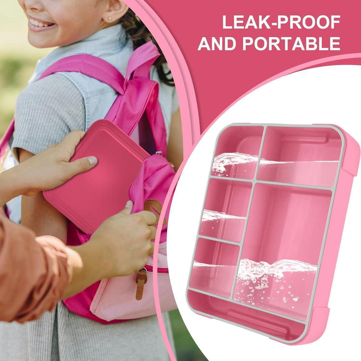 BROTDOSE Kinder mit 5 Fächern, 1300ml, auslaufsicher, Pink - Pink, Kunststoff (17/4.8/23cm)