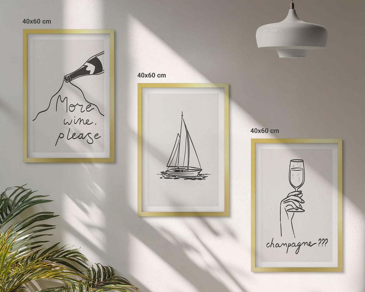 WANDBILDER 3er Set - 40x60 cm Goldrahmen - Weinsegelboot-Glas-Linienzeichnung - Goldfarben, Kunststoff (40/60cm) - ArtPrintCave