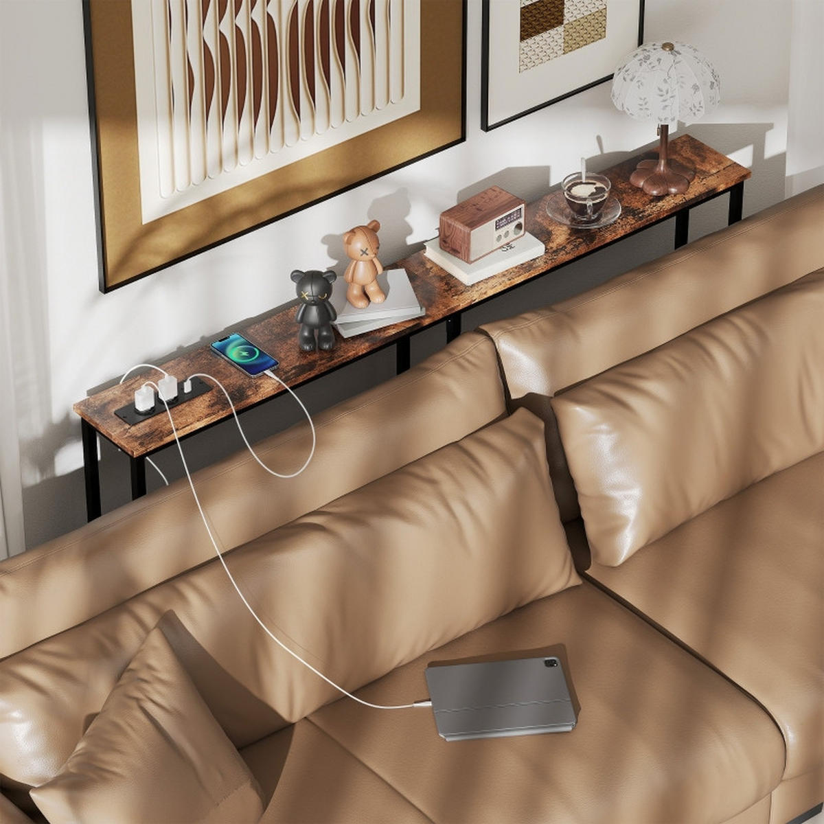 KONSOLENTISCH 160/20/80 cm braun aus Holz mit integrierter Ladestation - Braun, Holz (160/20/80cm) - OKWISH