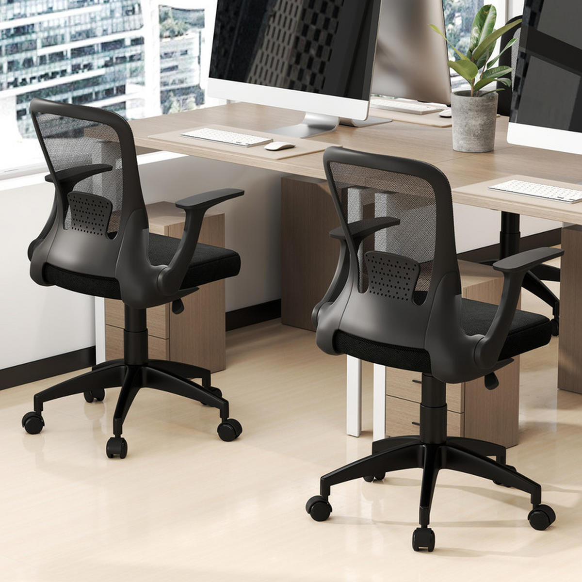 BÜROSTUHL mit hochklappbaren Armlehnen und Lendenwirbelstütze schwarz - Schwarz, Kunststoff (62/94/54cm) - COSTWAY