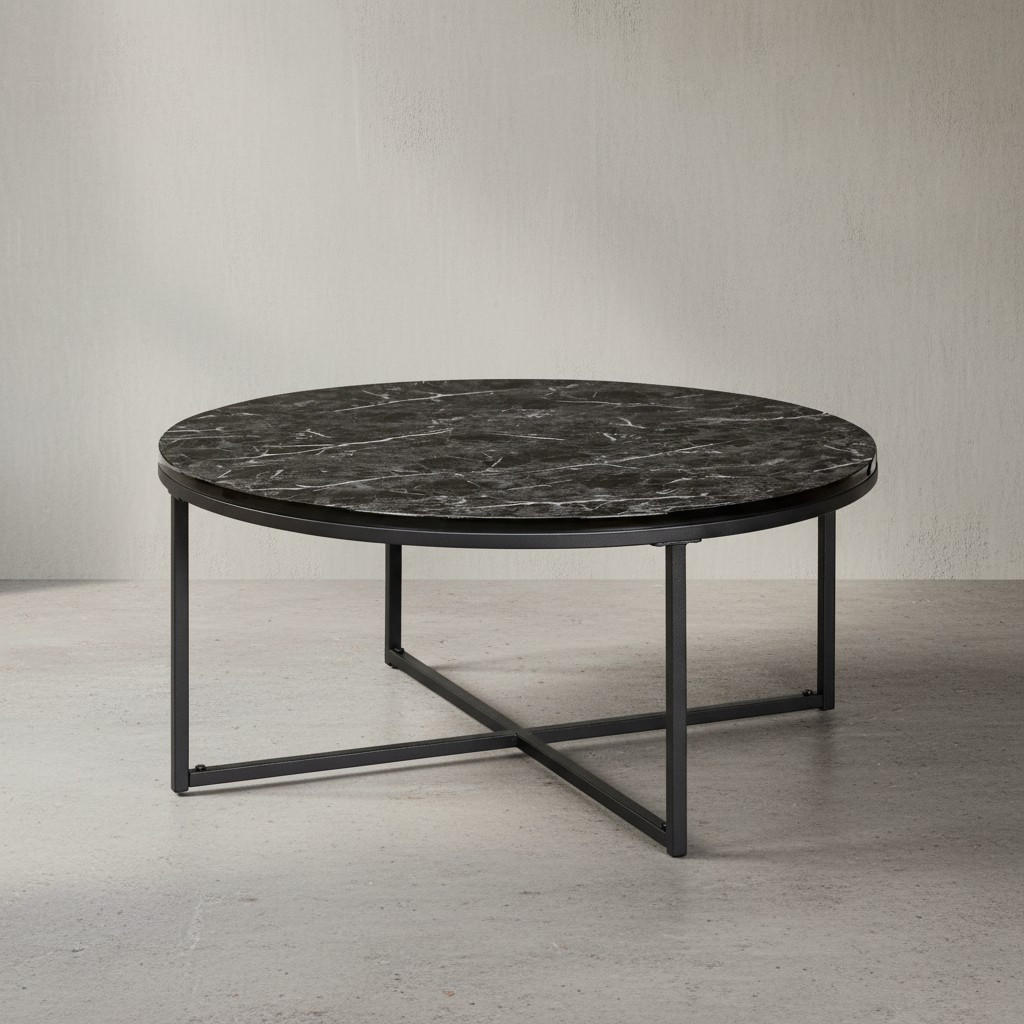 COUCHTISCH mit Marmor-Optik und Hochglanz-Finish, rund, Schwarz 80x80x35 cm - Schwarz, Holz/Metall (80/80/35cm) - KADIMA DESIGN