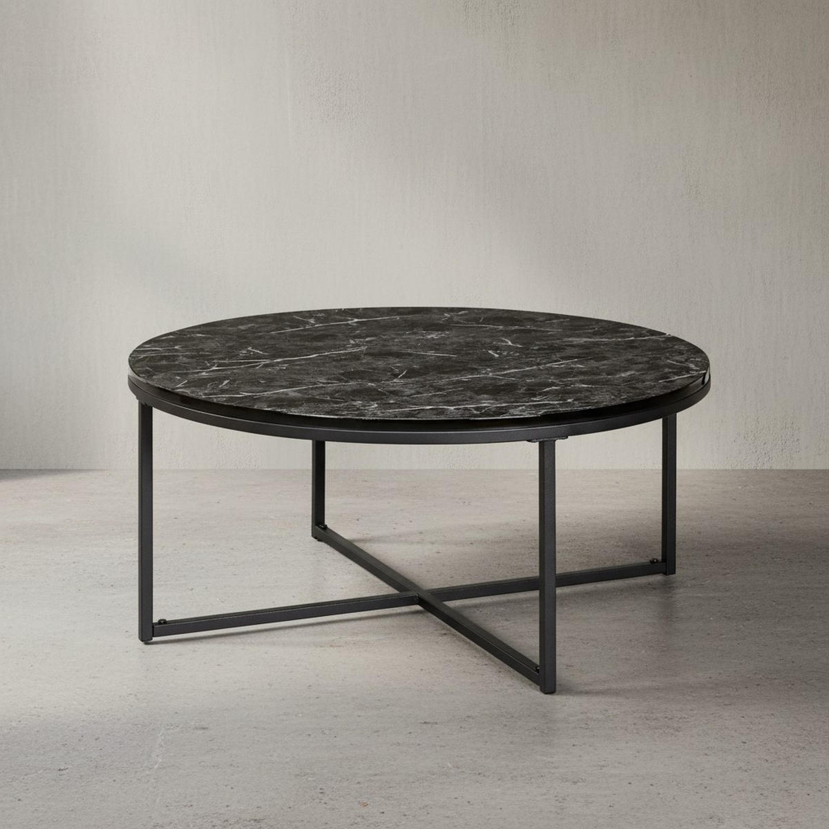 COUCHTISCH mit Marmor-Optik und Hochglanz-Finish, rund, Schwarz 80x80x35 cm - Schwarz, Holz/Metall (80/80/35cm) - KADIMA DESIGN