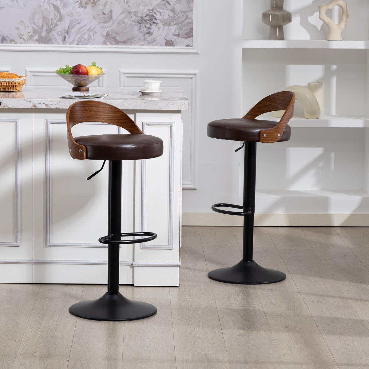 BARHOCKER 2er-Set drehbar mit PU-Sitz und Walnussholz, Braun - Braun, Kunststoff (42.5/77/42cm)