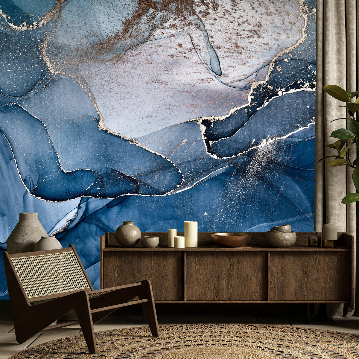 FOTOTAPETE für Badezimmer Blauer Marmor Gold Modern 150x105 - Blau/Goldfarben, Papier (150/105cm) - Muralo