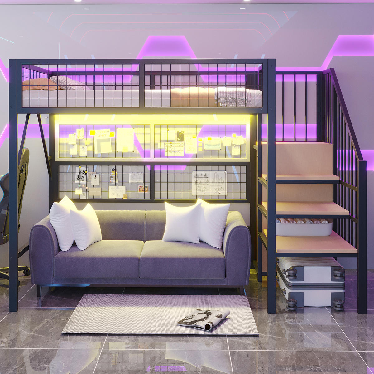 HOCHBETT 90/200 cm Schwarz Metall mit LED-Beleuchtung und Stauraumtreppe - Schwarz, Metall (90/200cm) - OKWISH