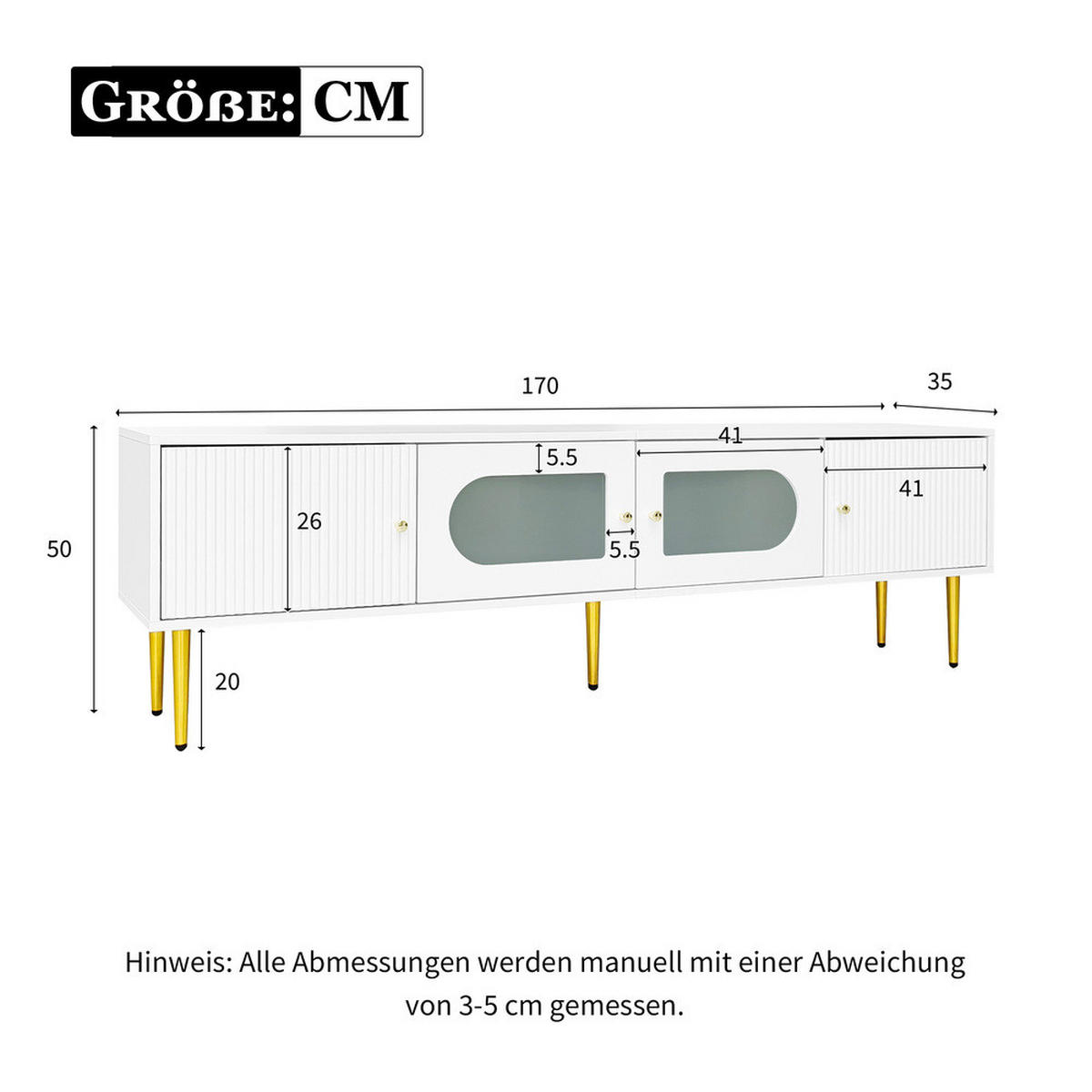 TV-SCHRANK 170x35cm Weiß mit goldenen Beinen & Griffen 4 Türen 35KG - Weiß, Holz (45/23.5/95cm) - FLIEKS