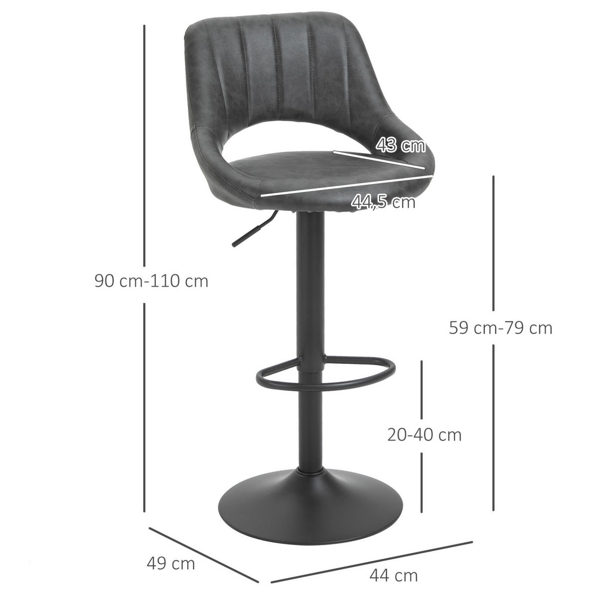 BARHOCKER 2er-Set drehbar höhenverstellbar Kunstleder Grau - Grau, Metall (49/110/44cm) - Meubliv