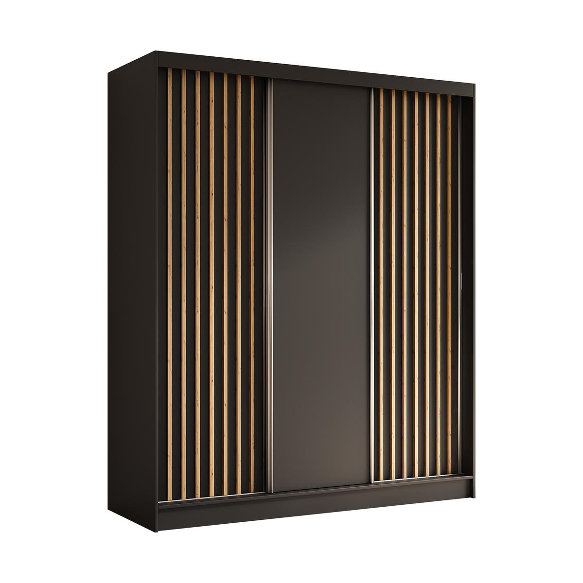 KLEIDERSCHRANK mit furnierten Schiebetüren und Aluminium-Leisten, LED-Beleuchtung - LABELO - 180 cm Schwarz+Schwarz+Artisan - Schwarz/Eiche Artisan, Holzwerkstoff (180/216/61cm) - ALTDECOR
