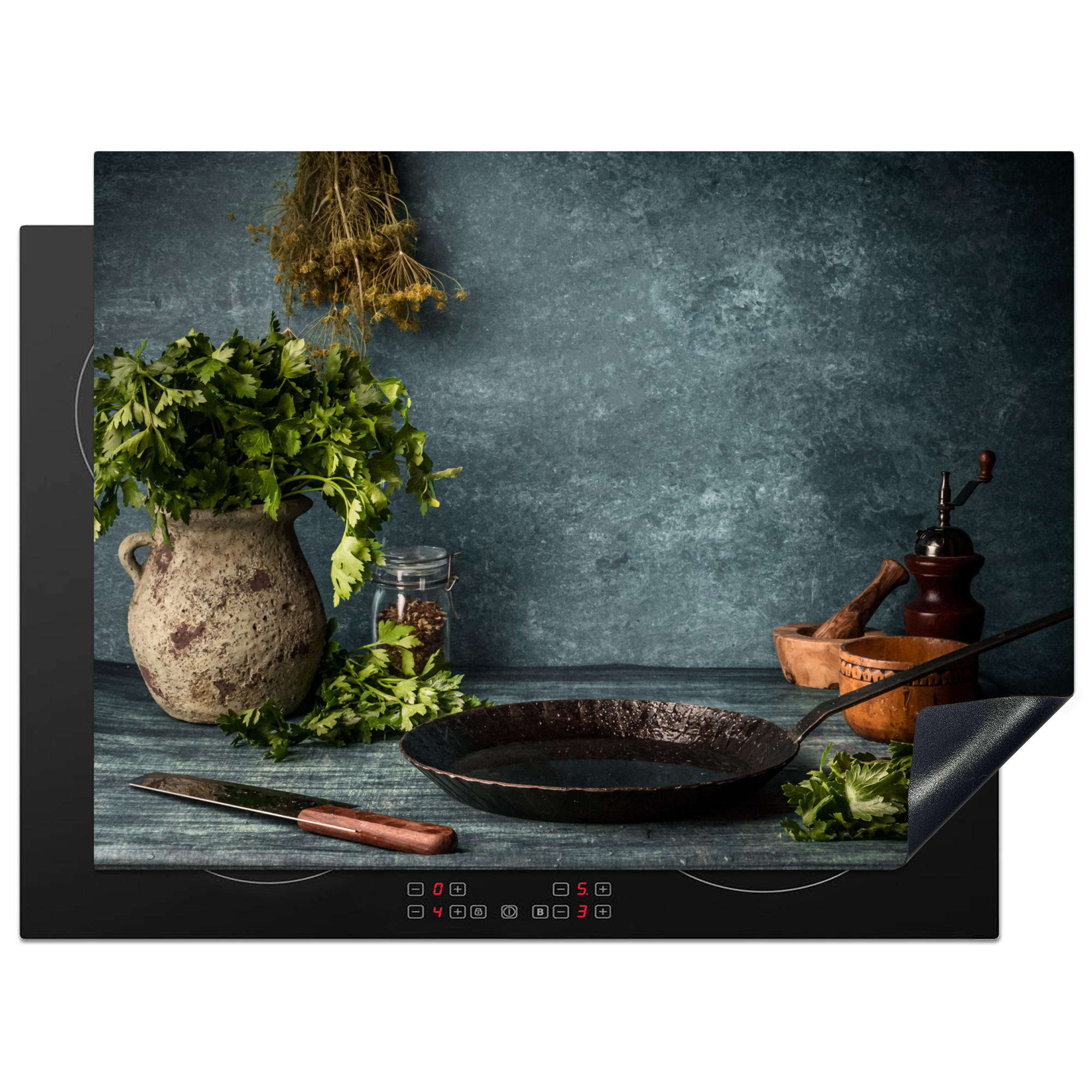 HERABDECKPLATTE - Kräuter - Gewürze - Pfanne - Messer - Grau - Rustikal - 70x50 - Petrol, Kunststoff (70/50/0.2cm) - MuchoWow