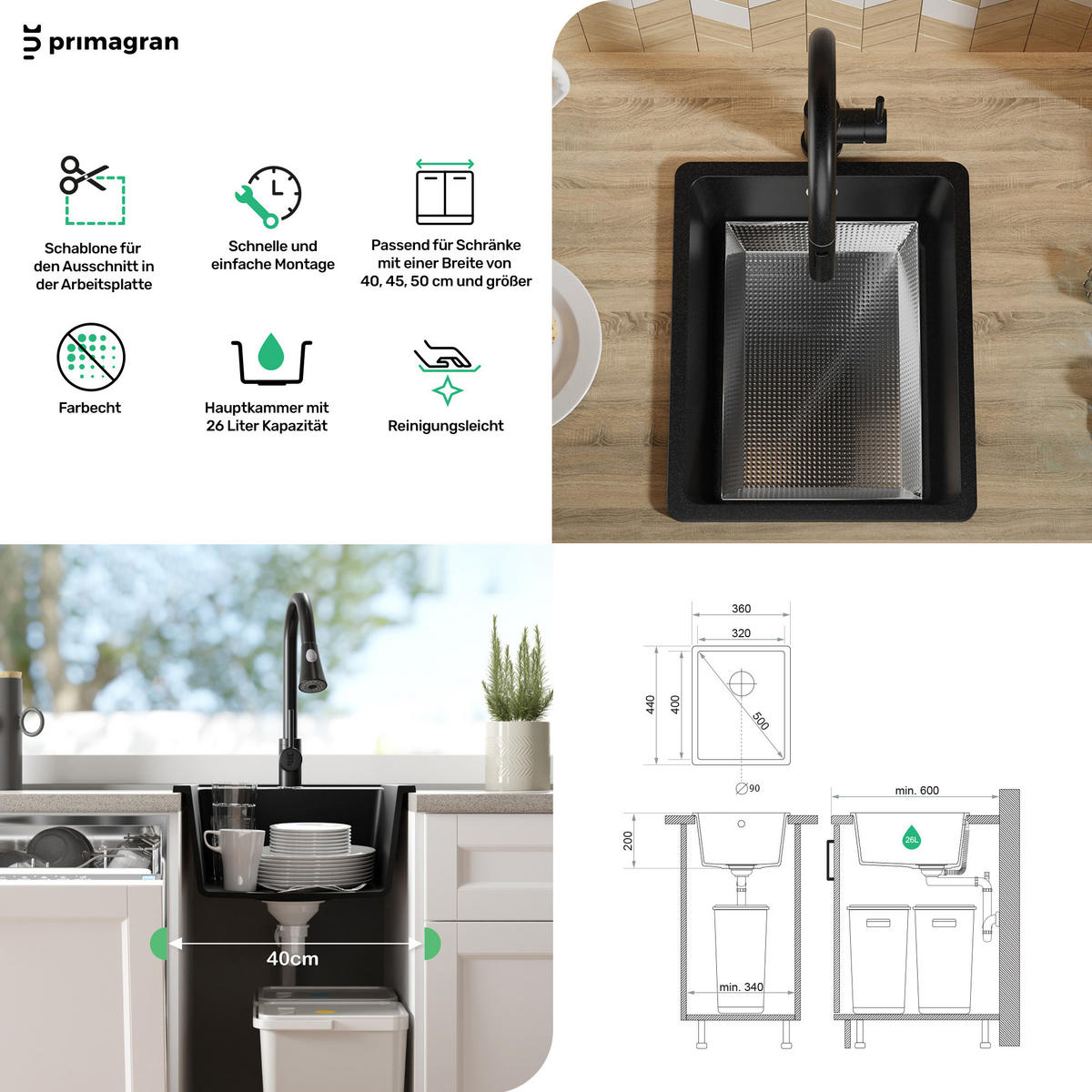 SPÜLBECKEN Venedig Slim Easy, 2-er set Schwarz 36/44 cm 1 Becken + Ablauf-Set ab 40er Unterschrank - Chromfarben/Schwarz, Kunststoff (36/20/44cm) - Primagran