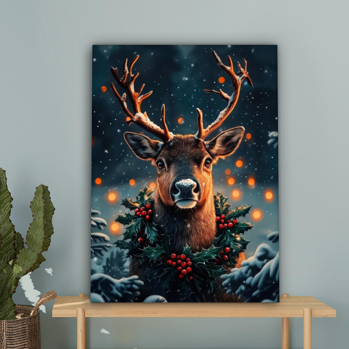 LEINWANDBILD Hirsch - Weihnachten - Winter - Schnee - Weihnachtskranz 60x80 cm - Dunkelbraun, Textil (60/80cm) - MuchoWow