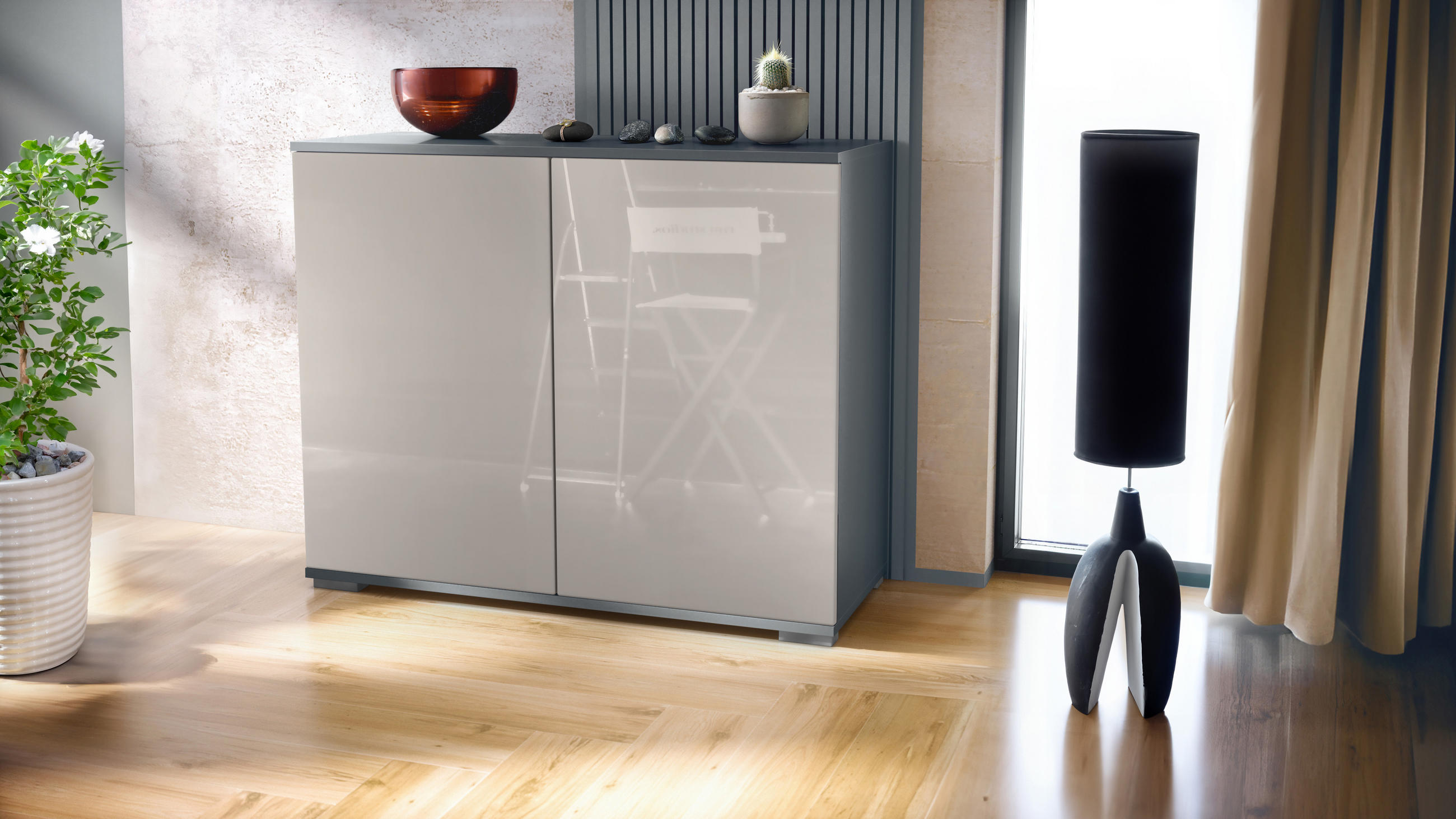 KOMMODE Skadu Sandgrau Hochglanz - Sandfarben, Holzwerkstoff (92.5/75.5/35cm) - Vladon