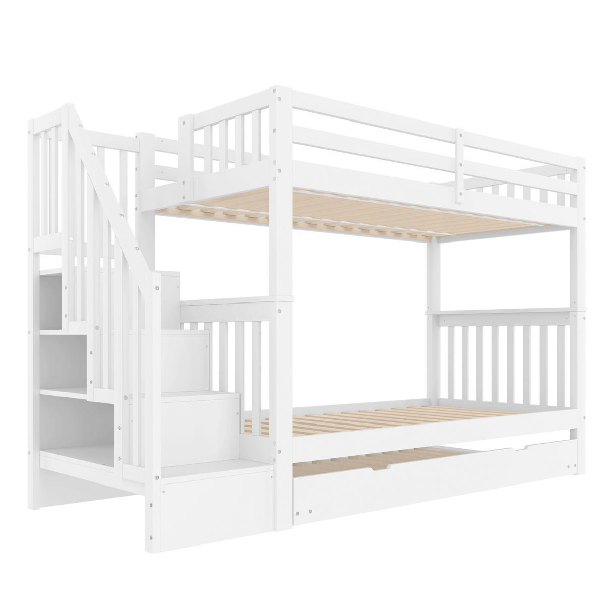 ETAGENBETT 90x200cm Weiß mit Ausziehbett EN747-1 Treppenregal - Weiß, Holz (90/200cm) - FLIEKS