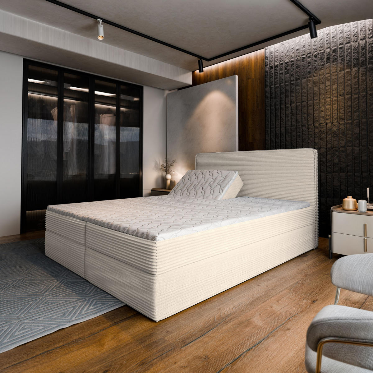 BOXBETT ASTOR 160x200 cm mit Matratze und Topper - Creme - Creme, Holz (160/200cm) - MASSENO