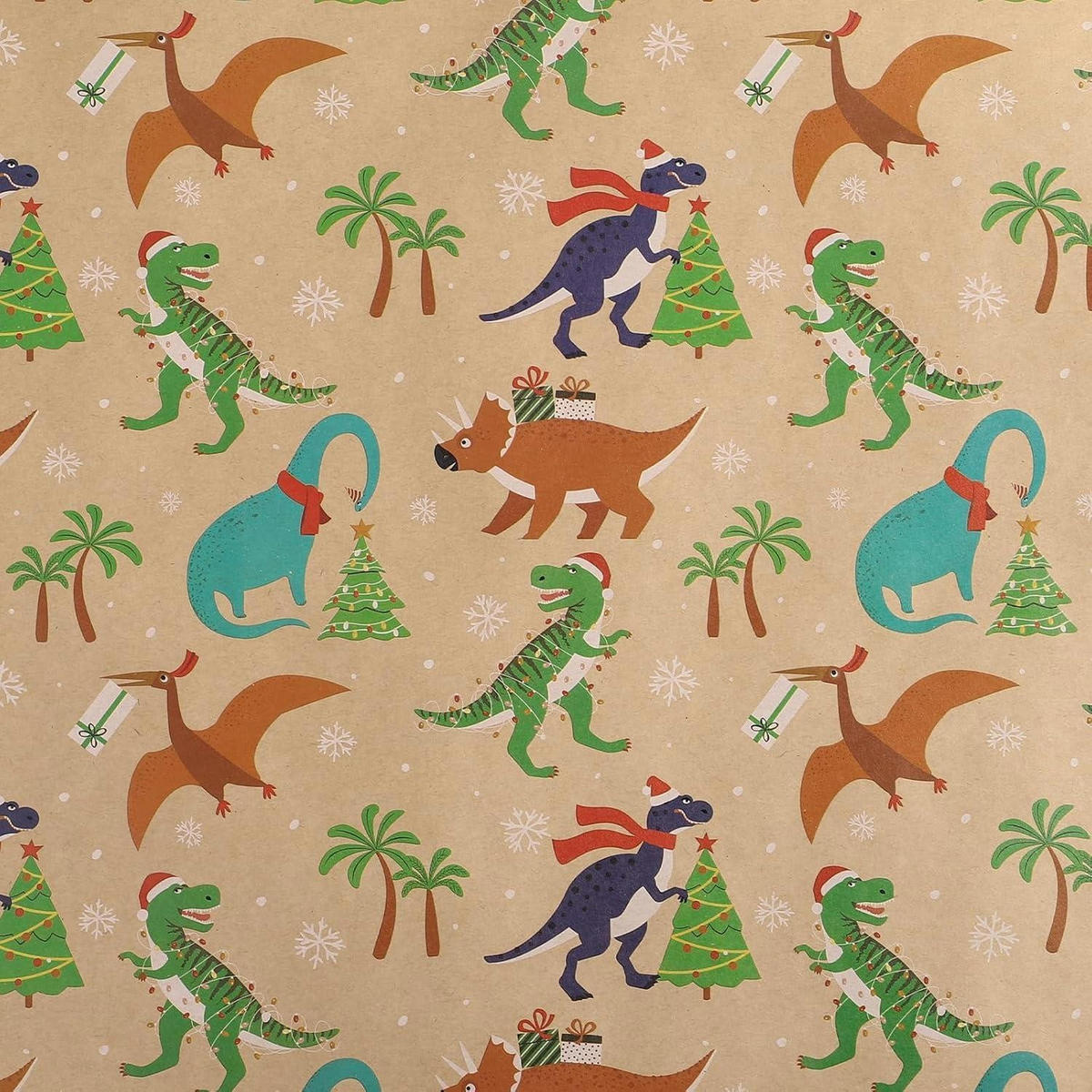 GESCHENKPAPIER Rolle Weihnachtsdinosaurier 43,2 cm x 10 m Kraftpapier - Multicolor, Papier (43.2/1/1000cm)