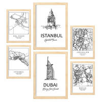 POSTER Set Mit 6 Drucke Von Naher Osten Von Karten In Schwarz Weiß A3 & A4 Rahmen Aus Hellem Holz - Beige, Papier (29/3cm) - Nacnic