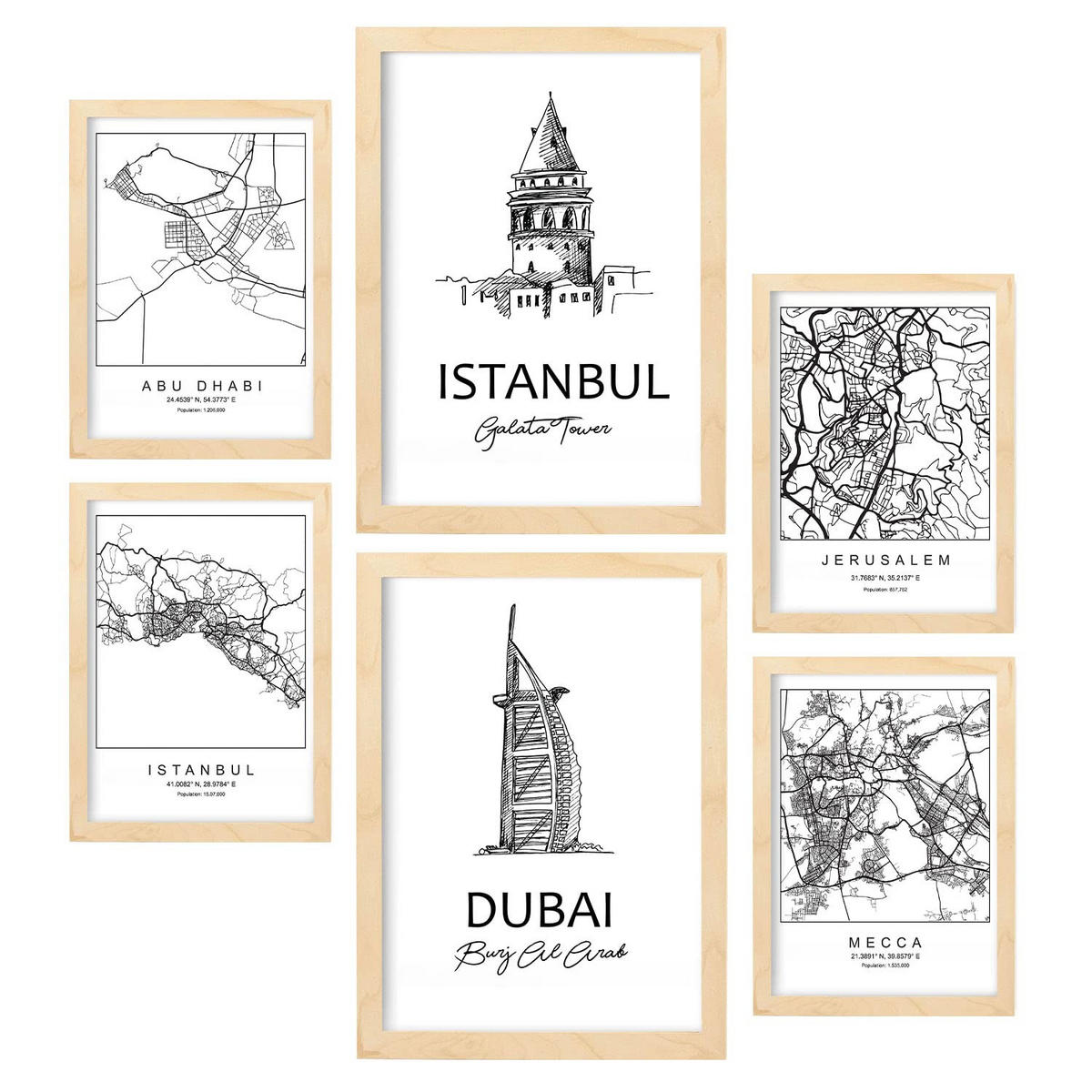 POSTER Set Mit 6 Drucke Von Naher Osten Von Karten In Schwarz Weiß A3 & A4 Rahmen Aus Hellem Holz - Beige, Papier (29/3cm) - Nacnic