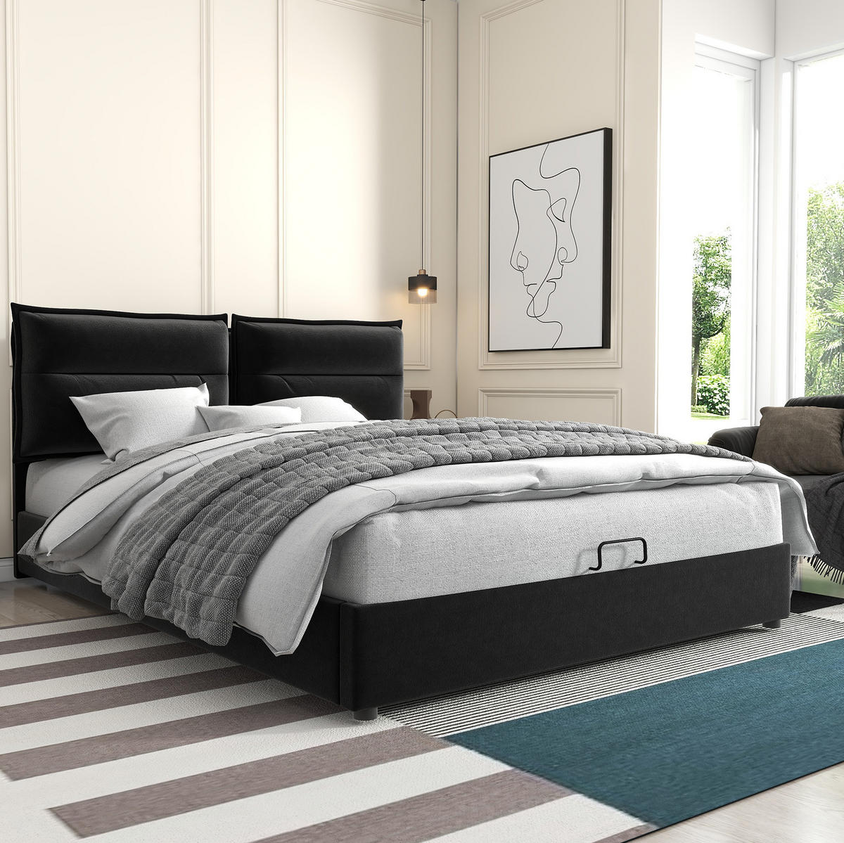 ČALÚNENÁ posteľ zo zamatu 140x200 cm čierna s nastaviteľným čelom a hydraulickým úložným priestorom - čierna, textil (140/200cm) - Modfu