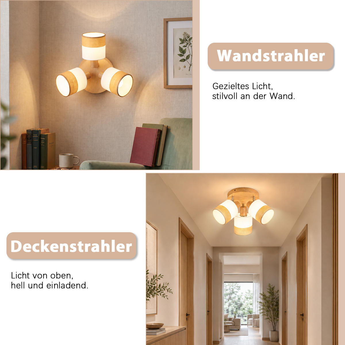 DECKENSTRAHLER Morvric 20/20/21 cm - Braun/Weiß, Holz/Textil (20/20/21cm) - ZMH