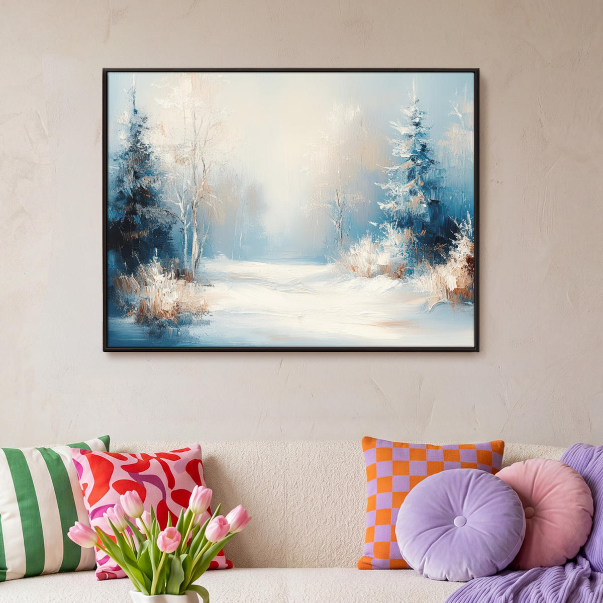 LEINWAND Bilder mit Rahmen - Wald – Winter – Natur – Abstrakt – Schnee - 100x70 - Weiß, Textil (100/70cm) - MuchoWow