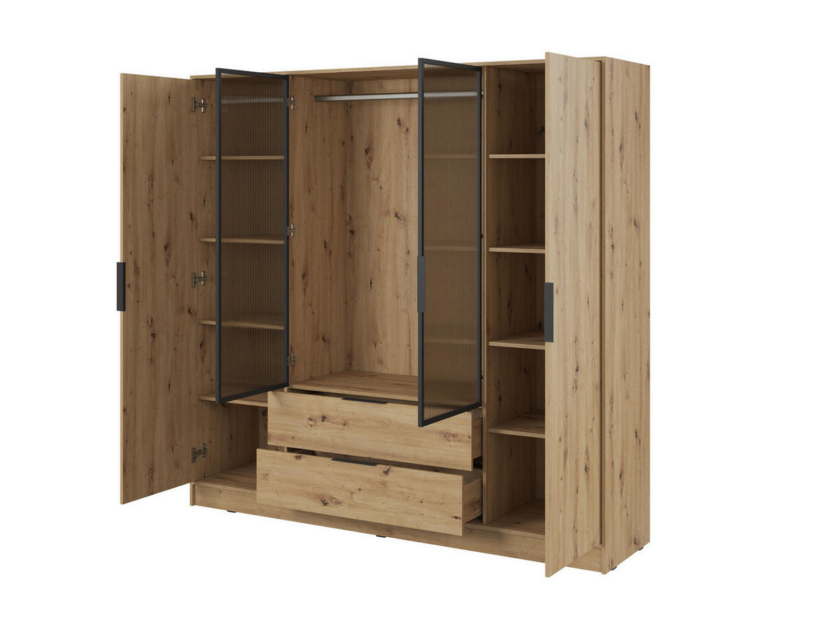 KLEIDERSCHRANK RICADI 4D RM (Artisan Eiche, Riffelglas, 4 Türen, 2 Schubladen, Kunststoffgriffe) - Schwarz/Eiche Artisan, Holz/Holzwerkstoff (206/200/51cm) - Ravio