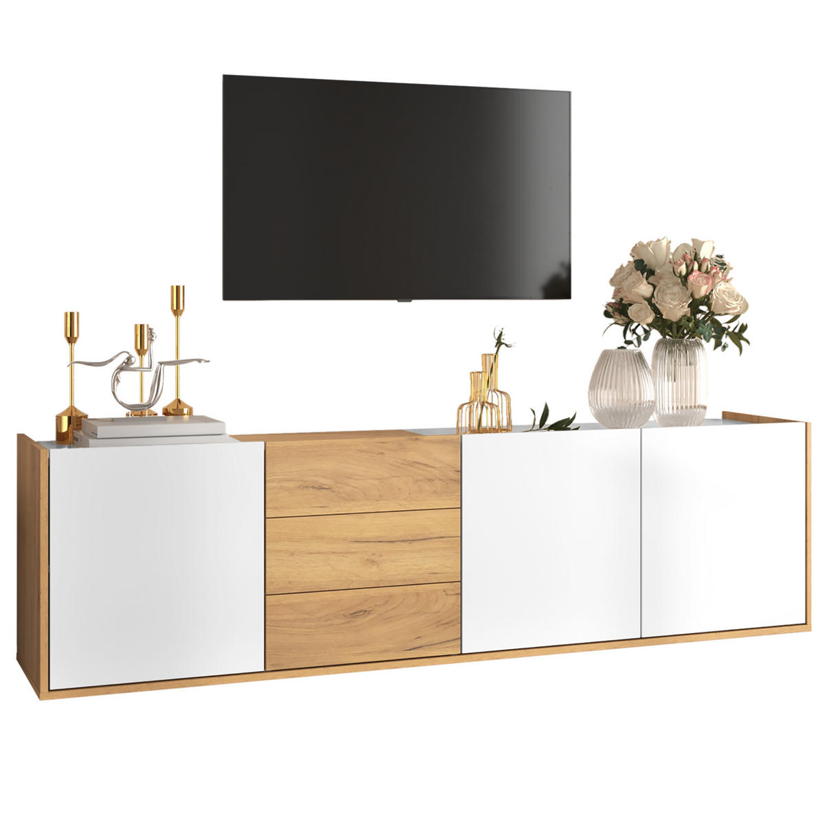 LOWBOARD 171,5/35/47 cm aus MDF mit 3 Türen, 3 Schubladen und Wandmontageoption Weiß/Holzfarben - Weiß, Holzwerkstoff (171.5/47/35cm) - Modenvie