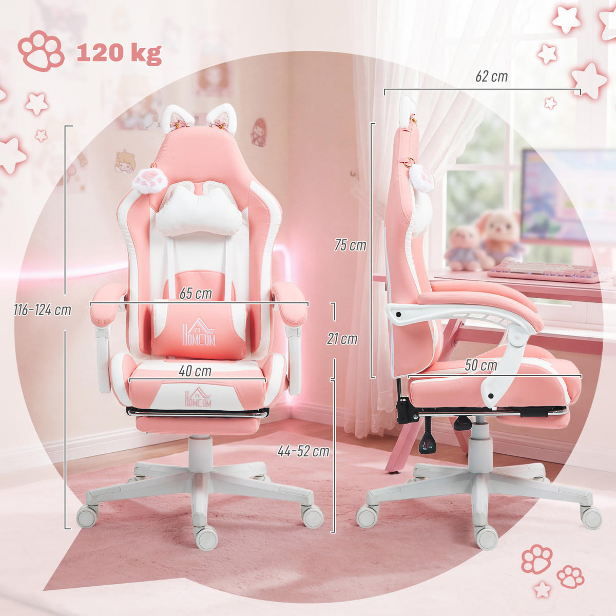 GAMING-SESSEL Rosa Kunstleder 65xx62x124 xm - Rosa, Kunststoff (62/124/65cm) - DESIGN IN