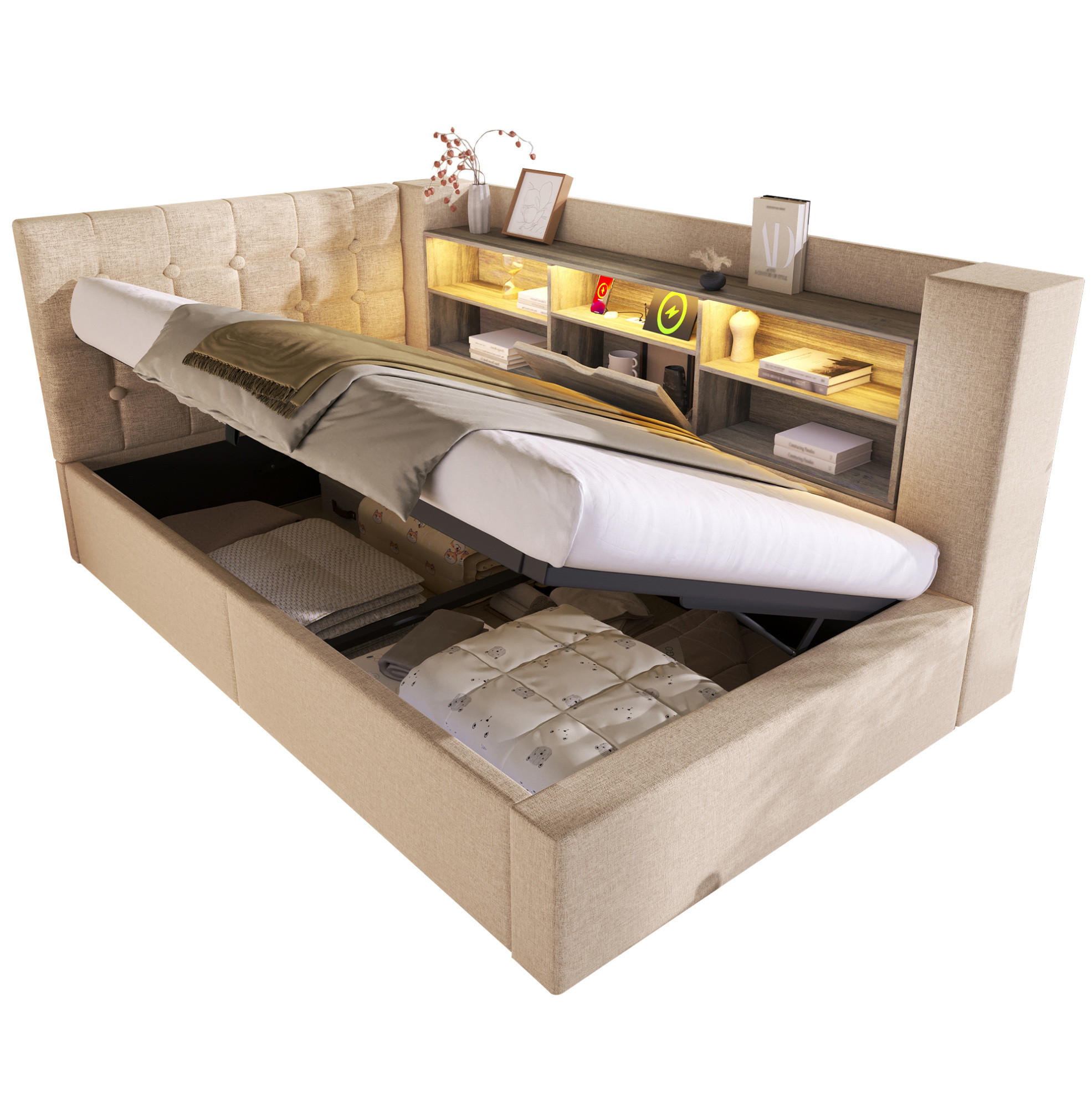 POLSTERBETT 90/200 cm Beige aus Leinen mit Stauraum und LED - Beige, Textil (90/200cm) - OKMYHOME