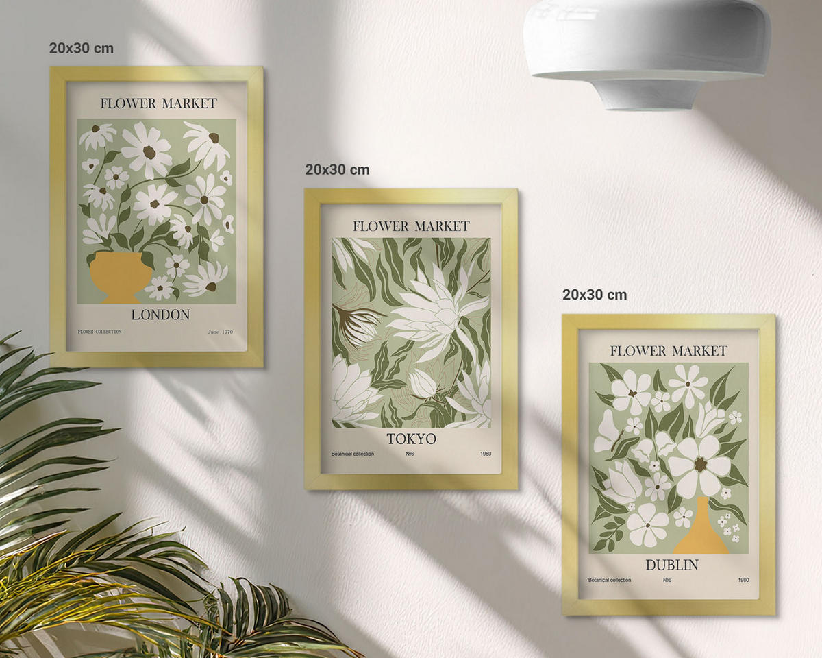 BILDER SET 3er Set - 20x30 cm Goldrahmen - Blumenmuster London Tokio Dublin - Goldfarben, Kunststoff (20/30cm) - TULUP