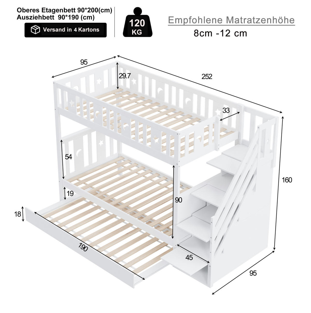 KINDER-ETAGENBETT aus MDF und Kiefernholz 90x200 cm Weiß mit Ausziehbett und Stauraumtreppe - Weiß, Holzwerkstoff (90/200cm) - IVMEU