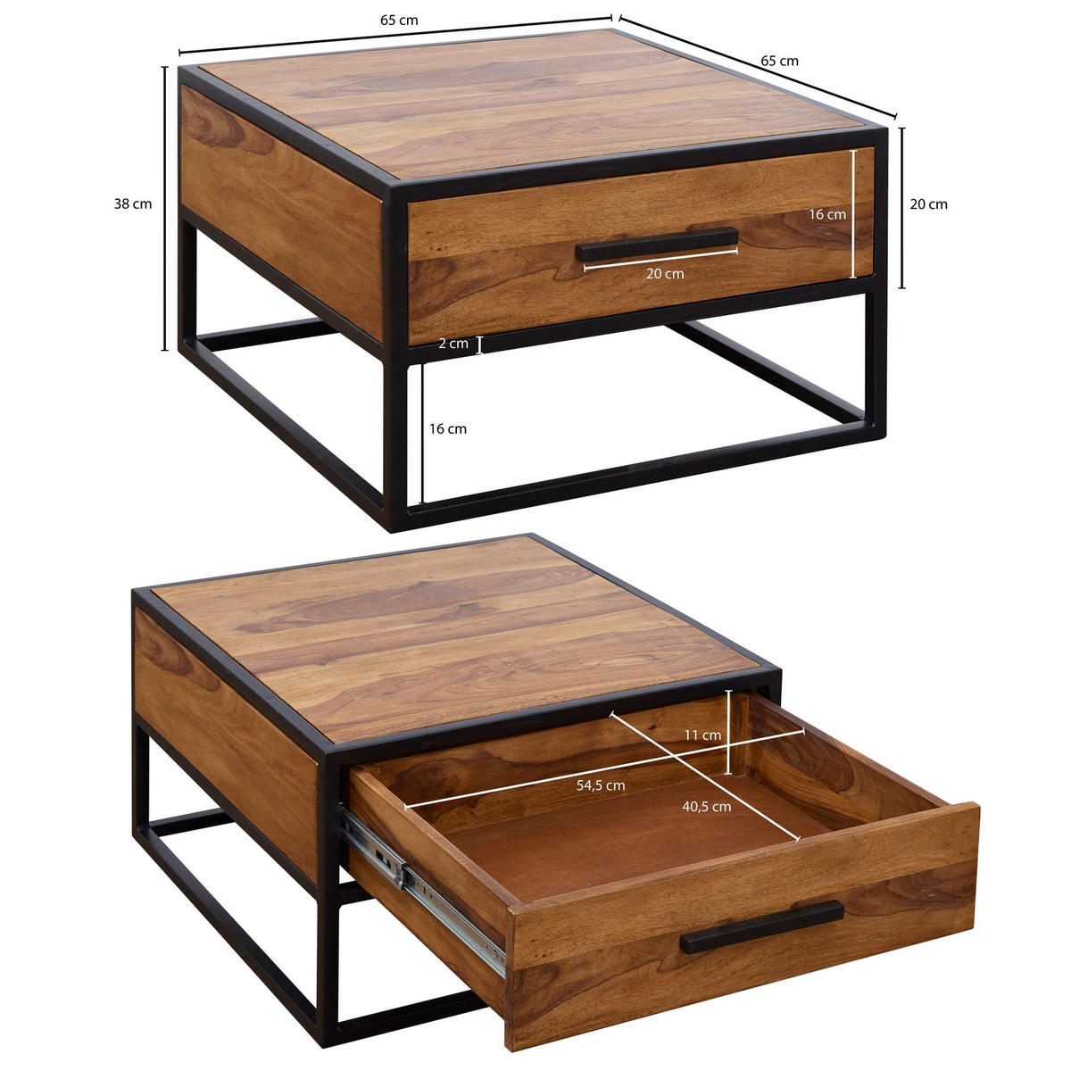 COUCHTISCH Industriestil, Metall und Holz, mit Schublade, 50 kg Tragkraft - Schwarz/Braun, Holz/Metall (65/65/38cm) - KADIMA DESIGN