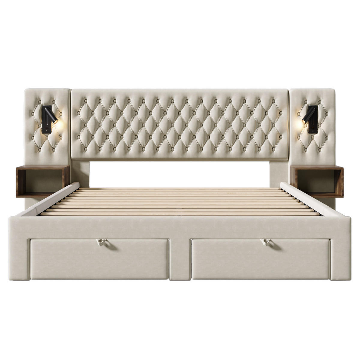 POLSTERBETT aus Samt 160x200 cm Beige mit 2 Nachttischen, 4 Schubladen, Leselampen und USB-C - Beige, Textil (160/200cm) - IVMEU