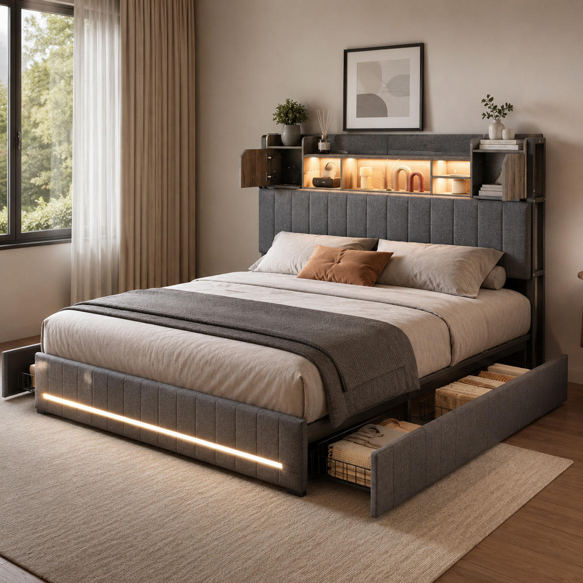 POLSTERBETT 140/200 cm mit Bücherregal-Kopfteil, USB-Anschluss, LED-Beleuchtung & Stauraum-Schubladen, Metallrahmen, Lattenrost inklusive - Anthrazit, Holz/Metall (140/200cm) - Joyfair