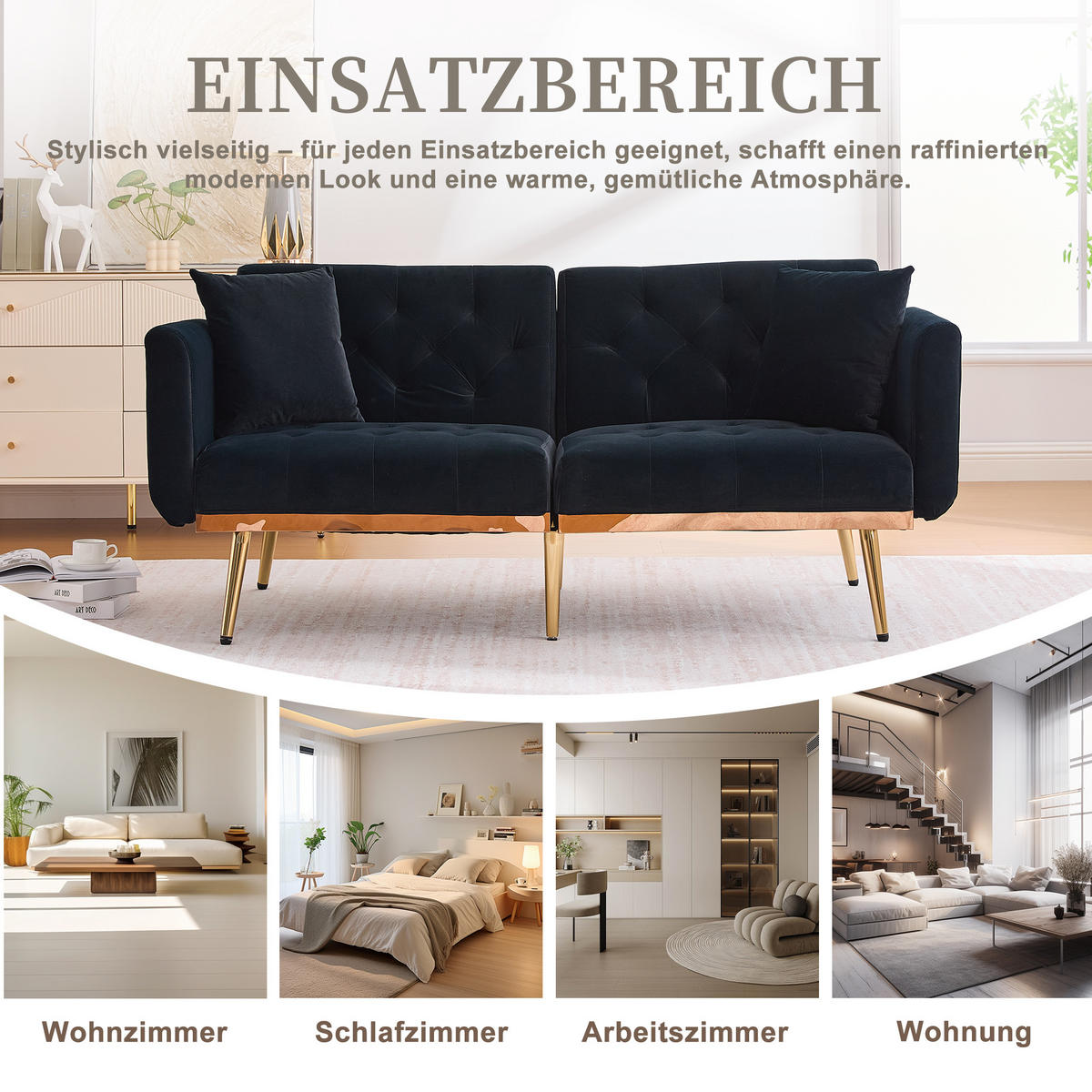2-SITZER Schlafsofa Samt mit 3-fach verstellbarer Rückenlehne Schwarz 165/72,5/75 cm - Schwarz, Textil (72.5/75/165cm)